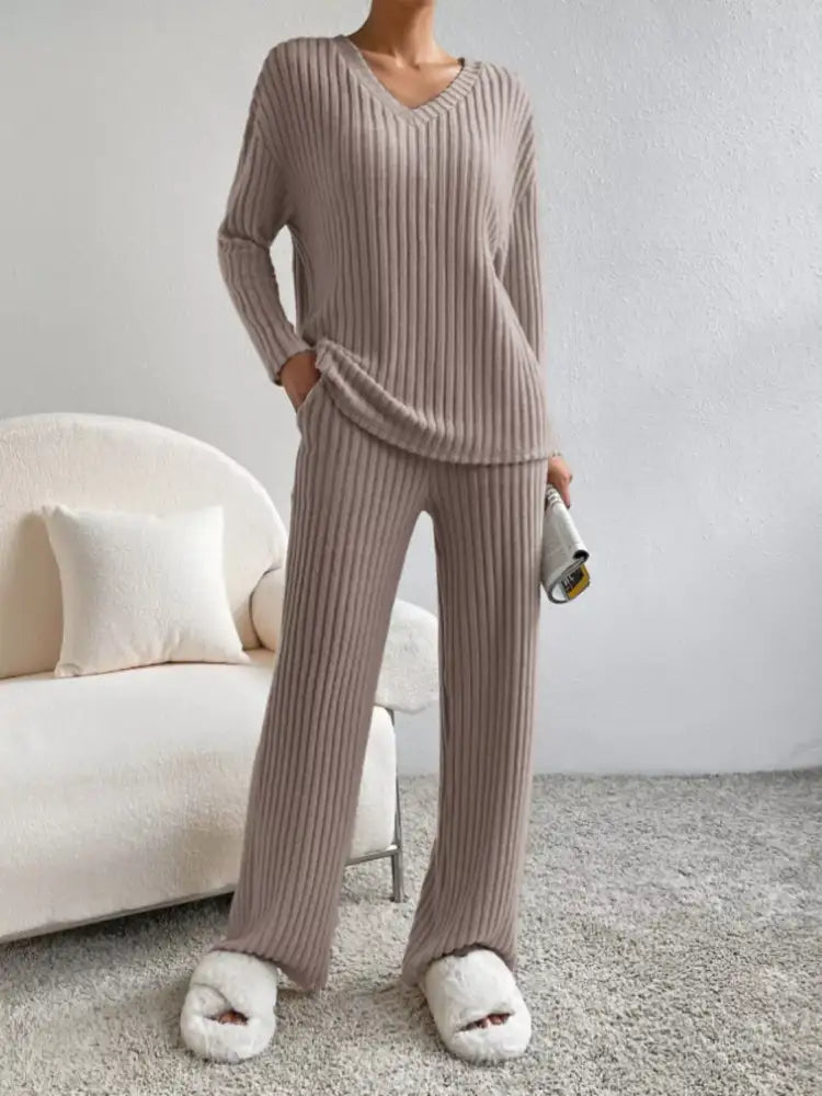 Ribbed Knit Long Sleeve Top and Pants Set