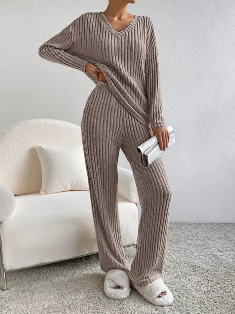 Ribbed Knit Long Sleeve Top and Pants Set