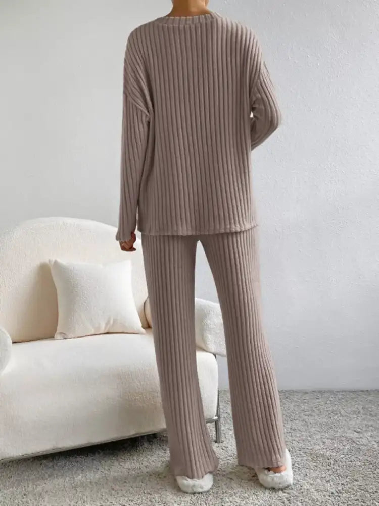 Ribbed Knit Long Sleeve Top and Pants Set