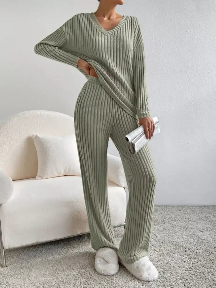 Ribbed Knit Long Sleeve Top and Pants Set