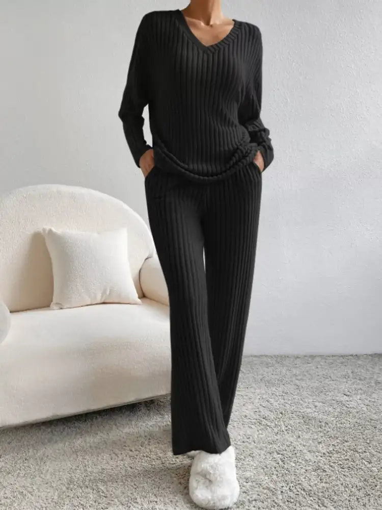Ribbed Knit Long Sleeve Top and Pants Set