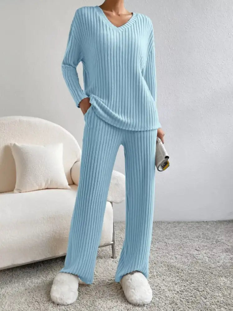 Ribbed Knit Long Sleeve Top and Pants Set