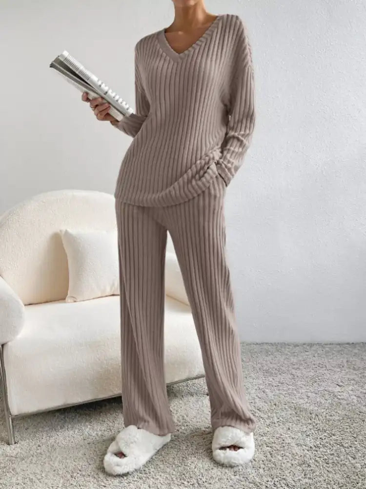 Ribbed Knit Long Sleeve Top and Pants Set
