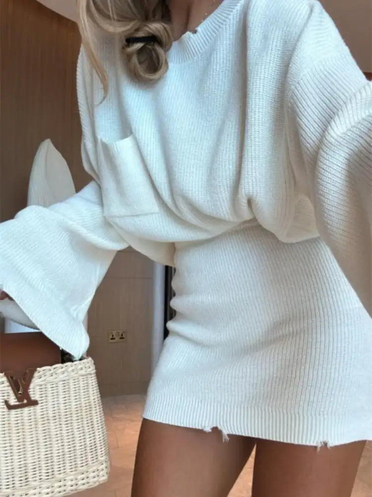 Ribbed Knit Long Sleeve Top and Skirt Sweater Set