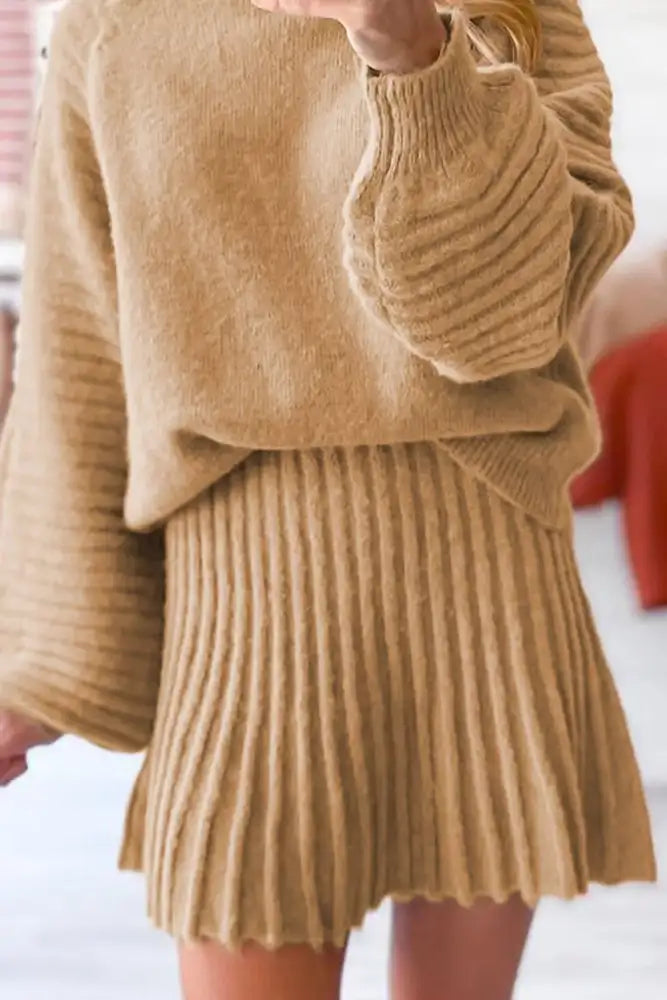 Ribbed Knit Long Sleeve Top and Skirt Sweater Set