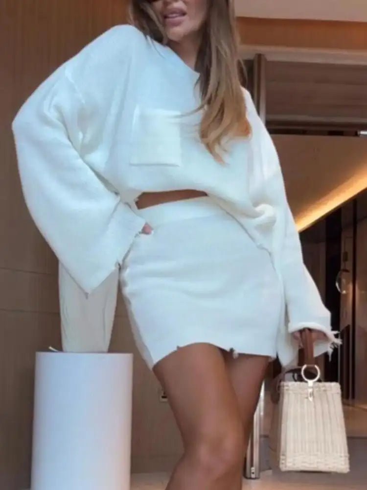 Ribbed Knit Long Sleeve Top and Skirt Sweater Set