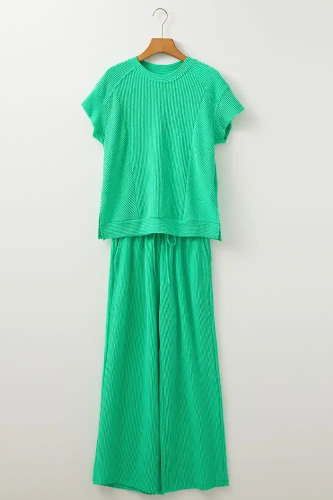 Ribbed Knit Round Neck Top and Pants Casual Set