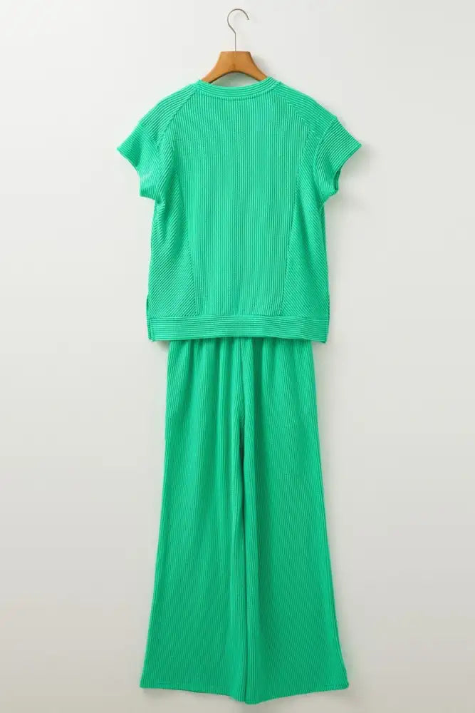 Ribbed Knit Round Neck Top and Pants Casual Set