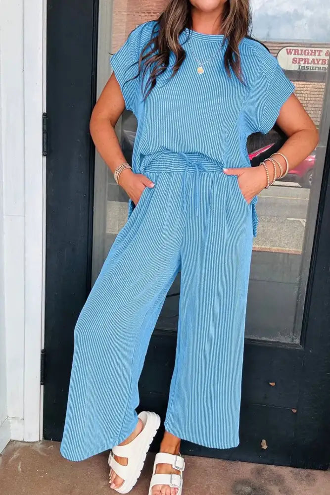 Ribbed Knit Round Neck Top and Pants Casual Set