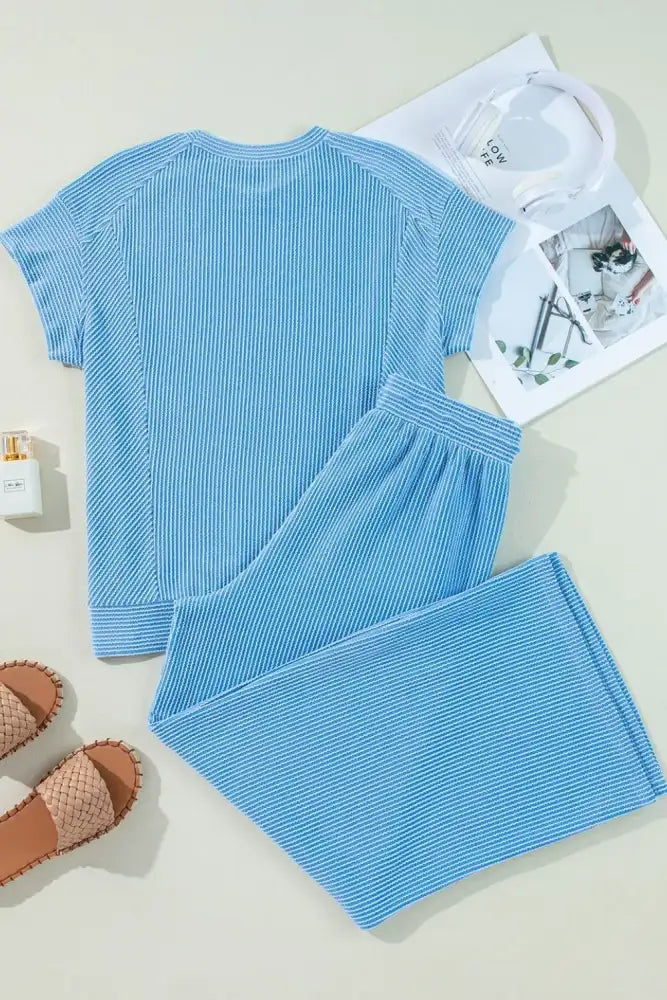 Ribbed Knit Round Neck Top and Pants Casual Set