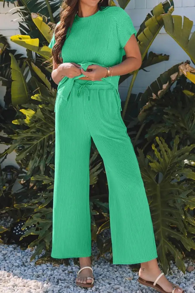 Ribbed Knit Round Neck Top and Pants Casual Set