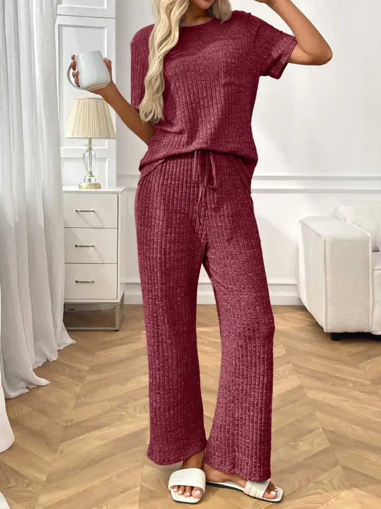 Ribbed Knit Short Sleeve Top and Pants Lounge Set