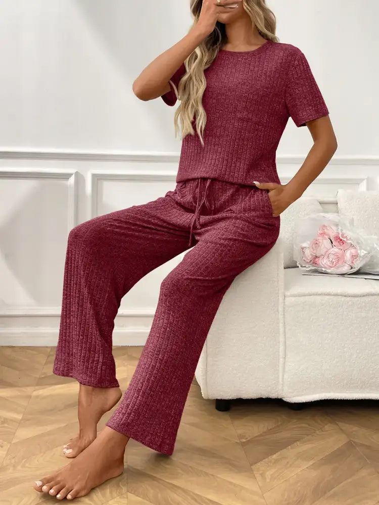 Ribbed Knit Short Sleeve Top and Pants Lounge Set
