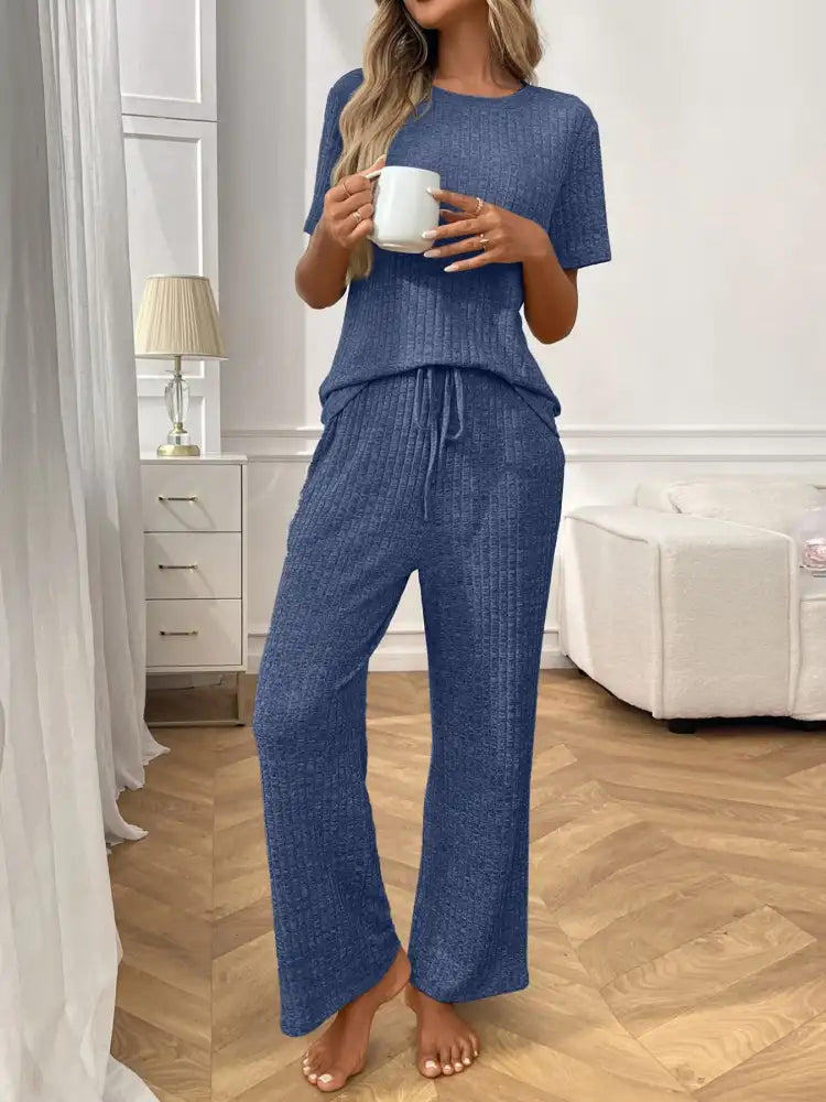 Ribbed Knit Short Sleeve Top and Pants Lounge Set