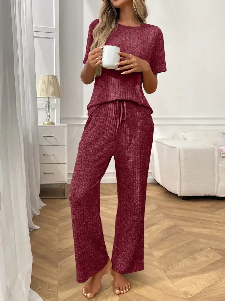Ribbed Knit Short Sleeve Top and Pants Lounge Set