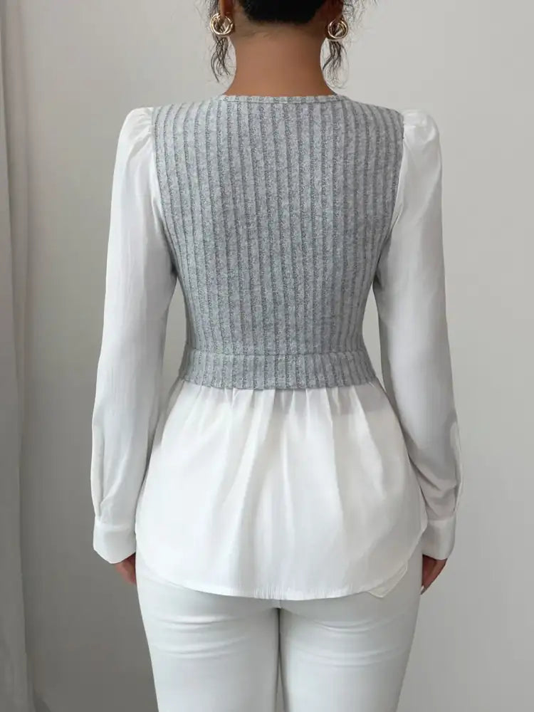 Ribbed Knit Splicing Contrast Long Sleeve Blouse