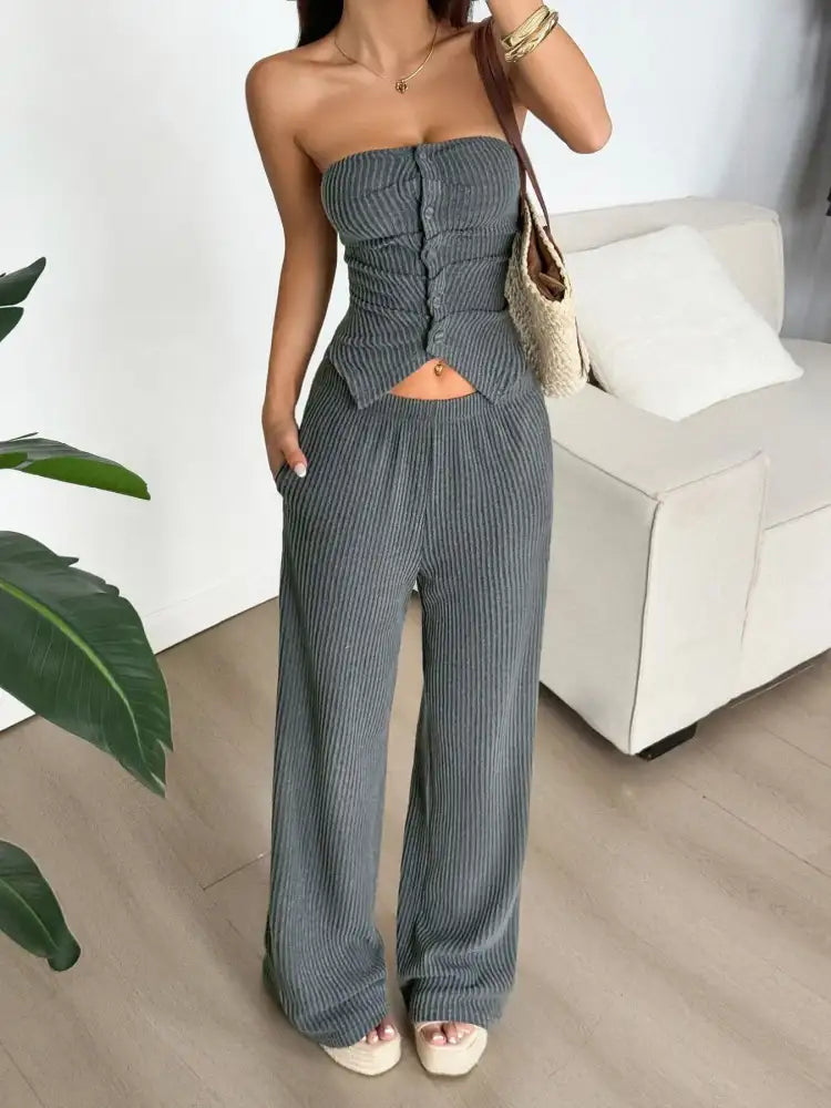 Ribbed Knit Strapless Crop Top and Pants Set