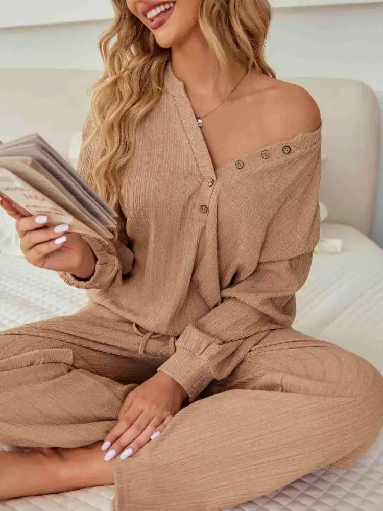 Ribbed Knit Top and Pants Lounge Set with Button Detail