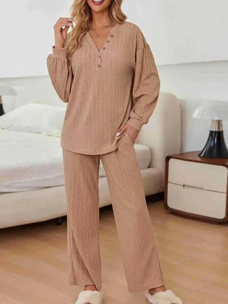 Ribbed Knit Top and Pants Lounge Set with Button Detail