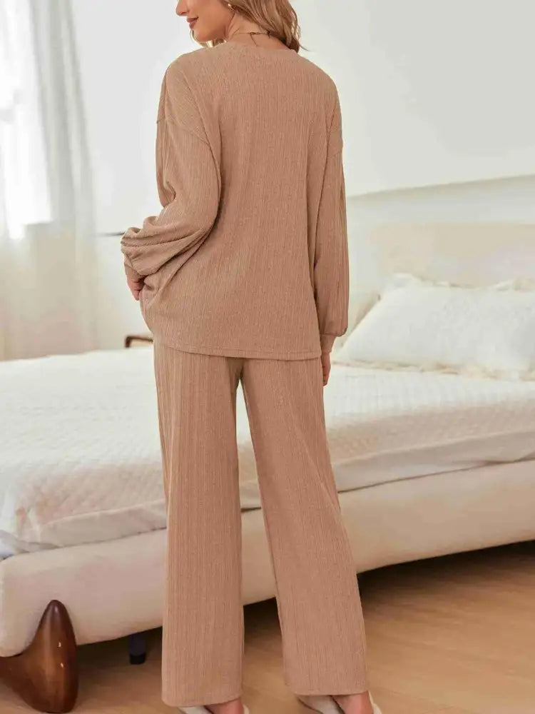 Ribbed Knit Top and Pants Lounge Set with Button Detail