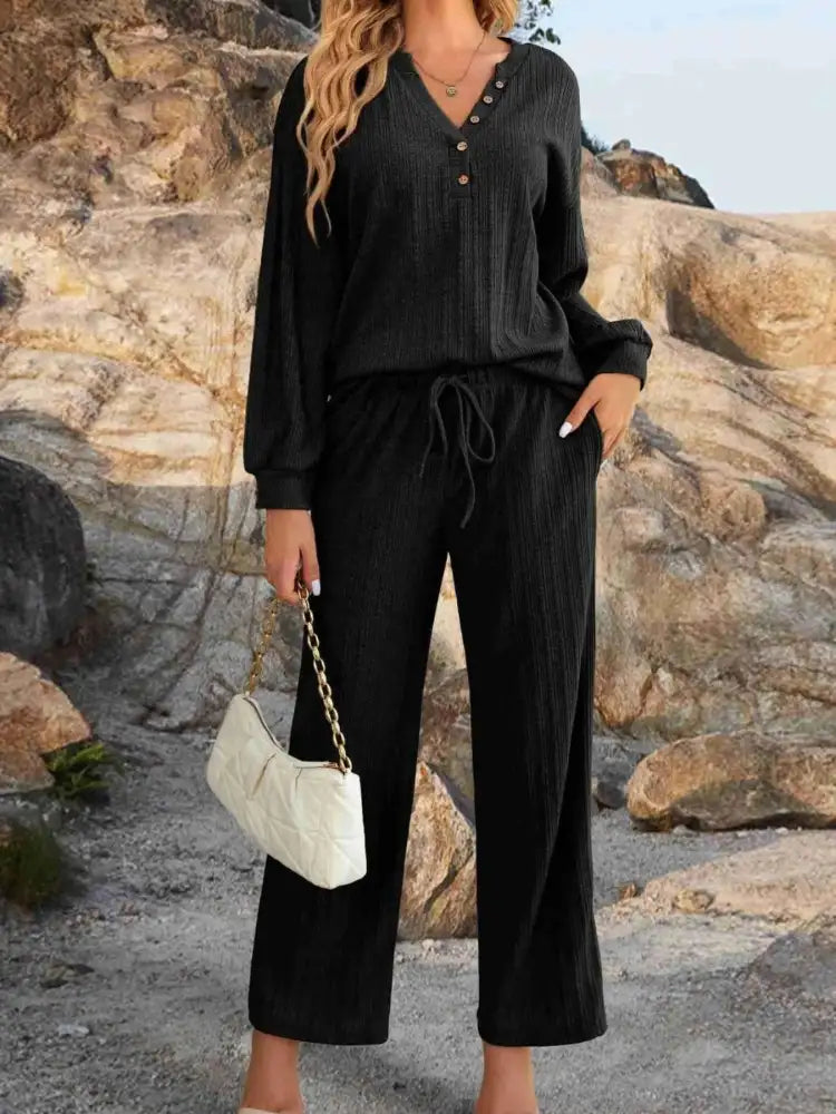 Ribbed Knit Top and Pants Lounge Set with Button Detail