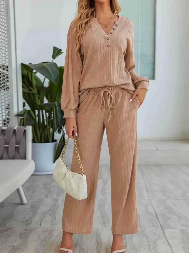 Ribbed Knit Top and Pants Lounge Set with Button Detail