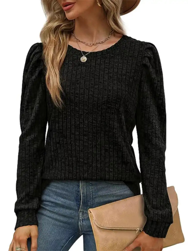 Ribbed Knit Top with Puff Sleeves