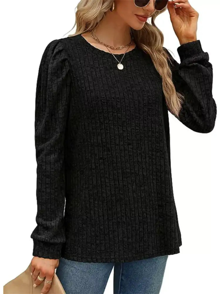 Ribbed Knit Top with Puff Sleeves