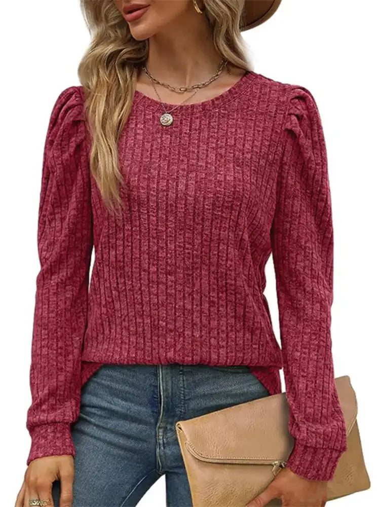 Ribbed Knit Top with Puff Sleeves