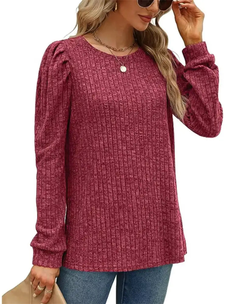 Ribbed Knit Top with Puff Sleeves