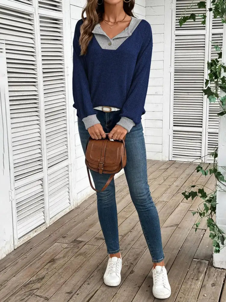 Ribbed Knit Two-Tone Top