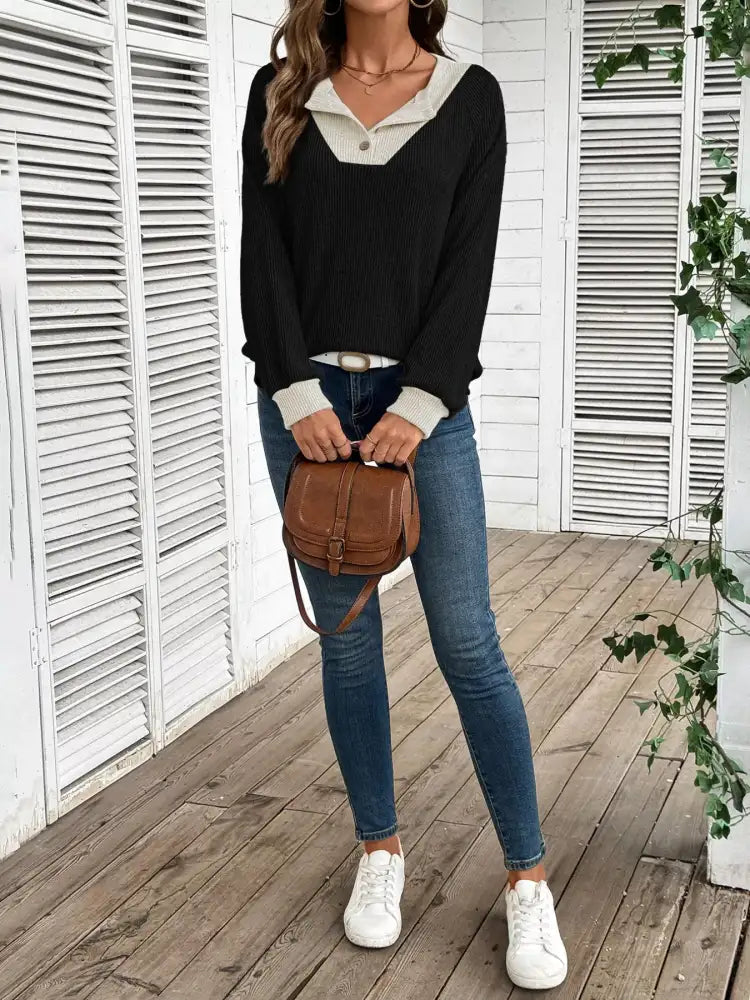 Ribbed Knit Two-Tone Top