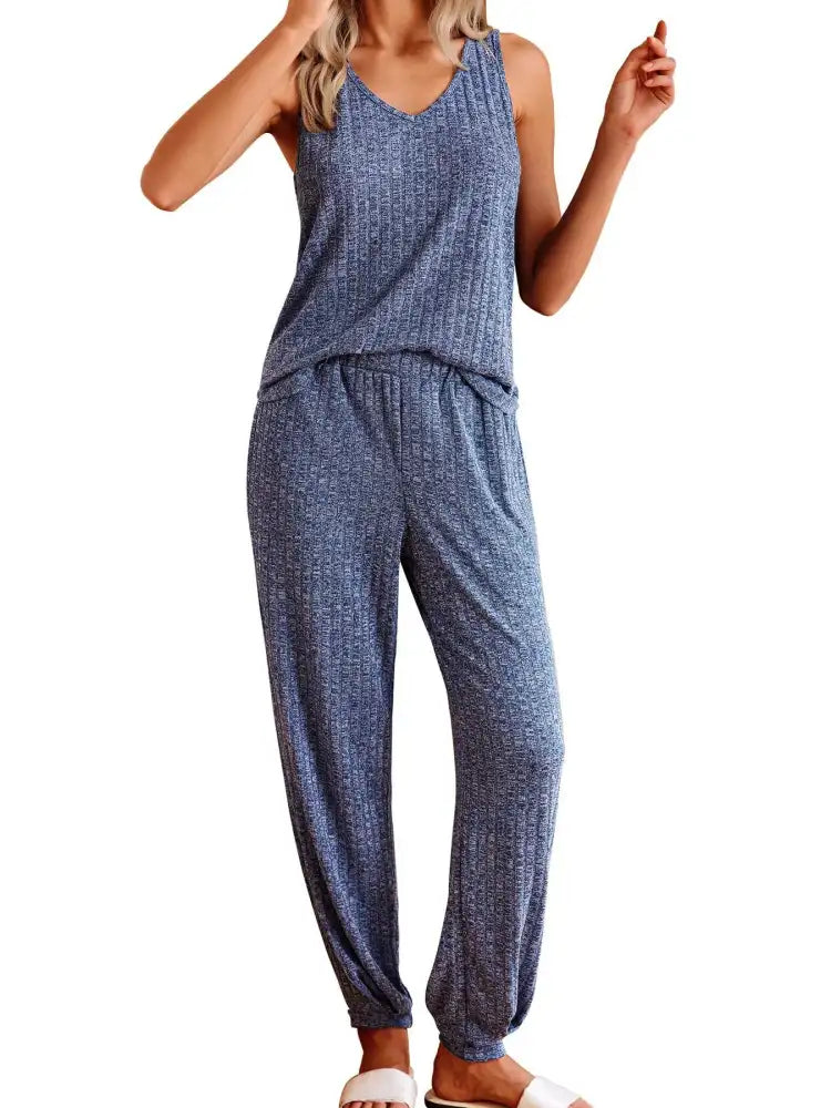 Ribbed Knit V-Neck Tank and Pants Lounge Set