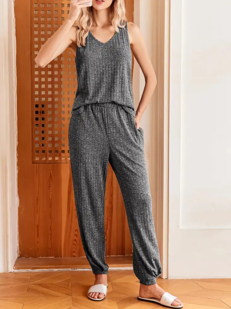 Ribbed Knit V-Neck Tank and Pants Lounge Set