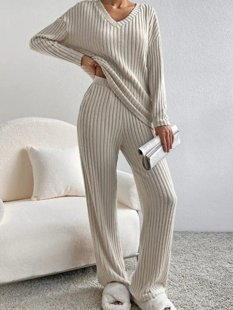 Ribbed Knit V-Neck Top and Pants Lounge Set