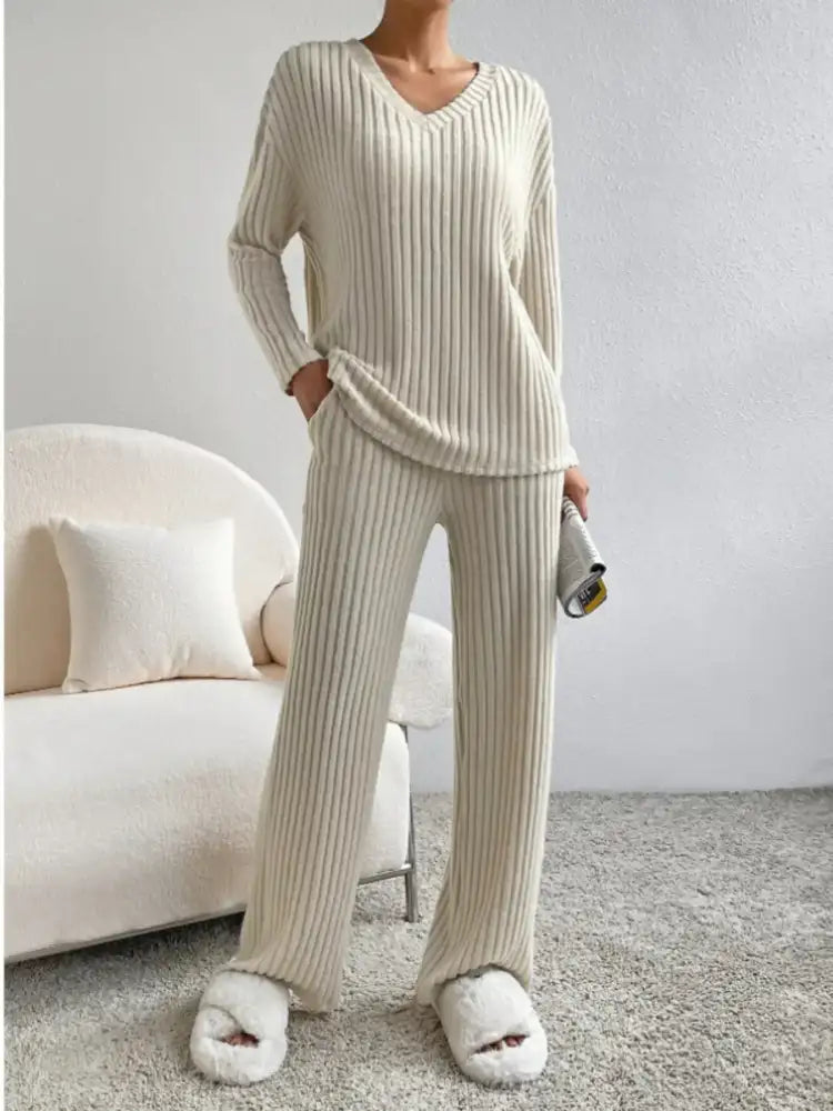 Ribbed Knit V-Neck Top and Pants Lounge Set
