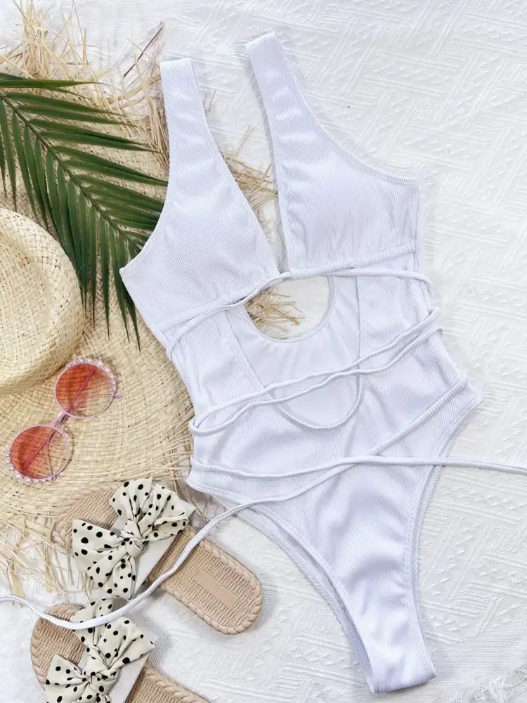 Ribbed Lace Up One-Piece Swimsuit - White | white cutout one-piece swimsuit wrap-around
