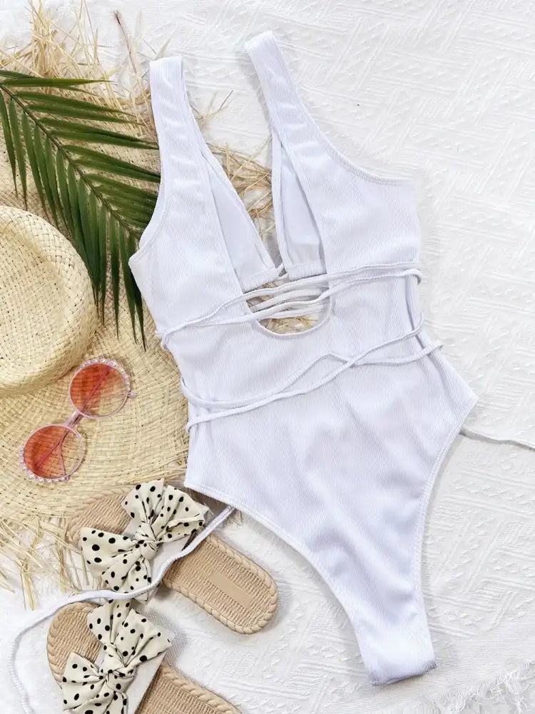 Ribbed Lace Up One-Piece Swimsuit - White | white one-piece swimsuit cut-outs crisscross