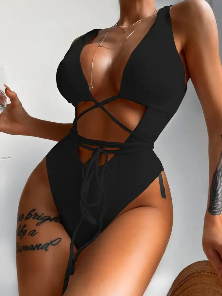 Ribbed Lace Up One-Piece Swimsuit - White | black sleeveless deep-v cut-out lace-up
