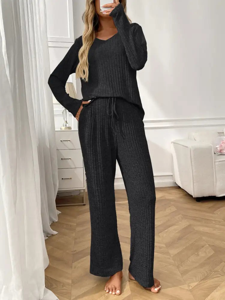 Ribbed Long Sleeve Top and Pants Lounge Set