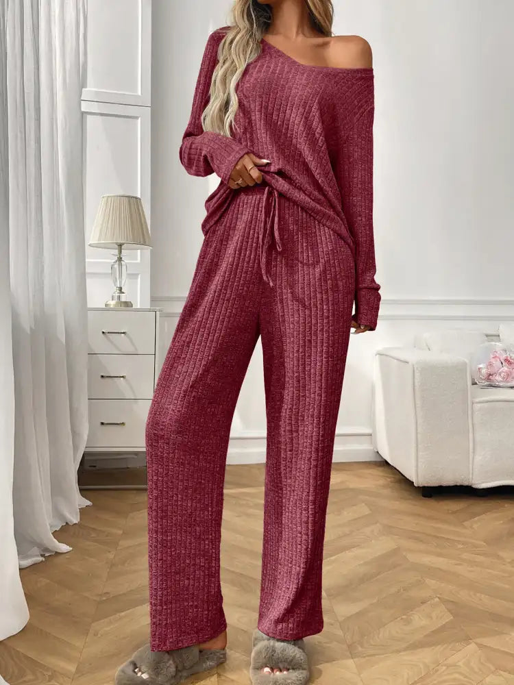 Ribbed Long Sleeve Top and Pants Lounge Set