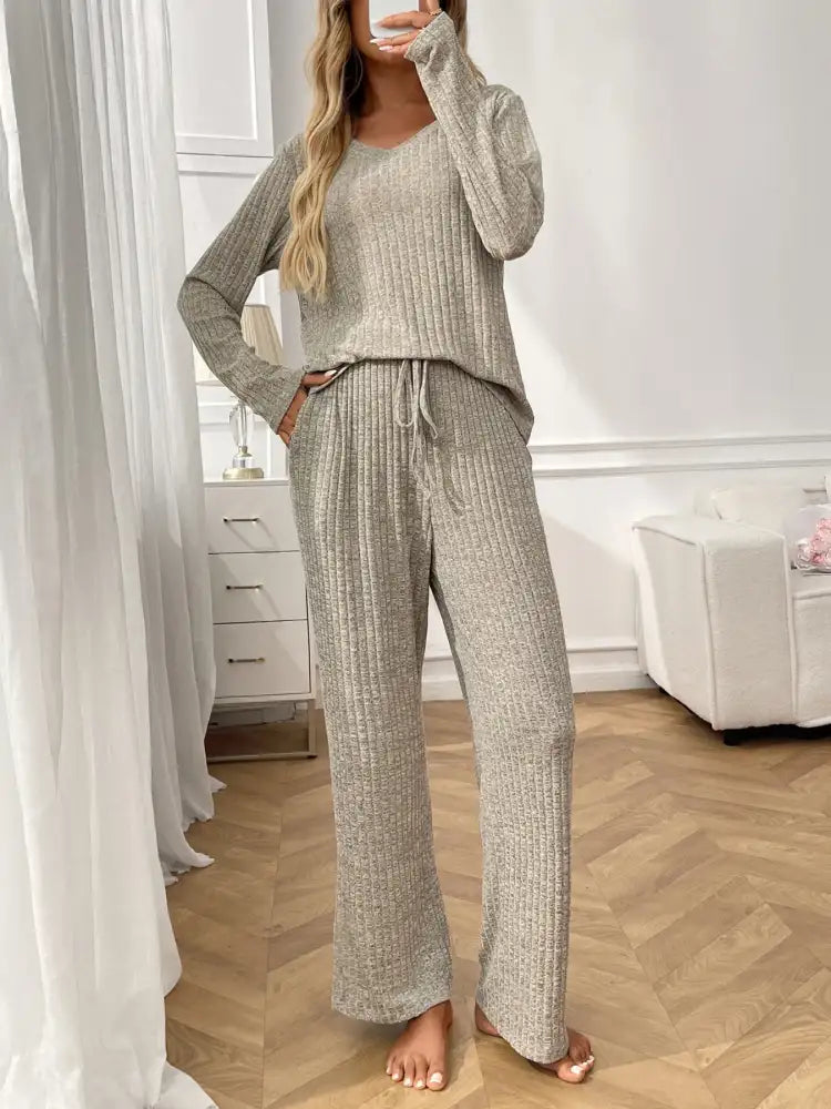 Ribbed Long Sleeve Top and Pants Lounge Set