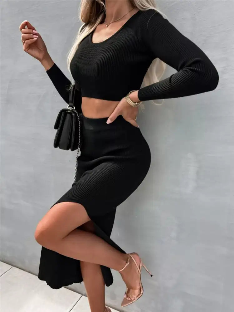 Ribbed Long Sleeve Top and Skirt Knit Set