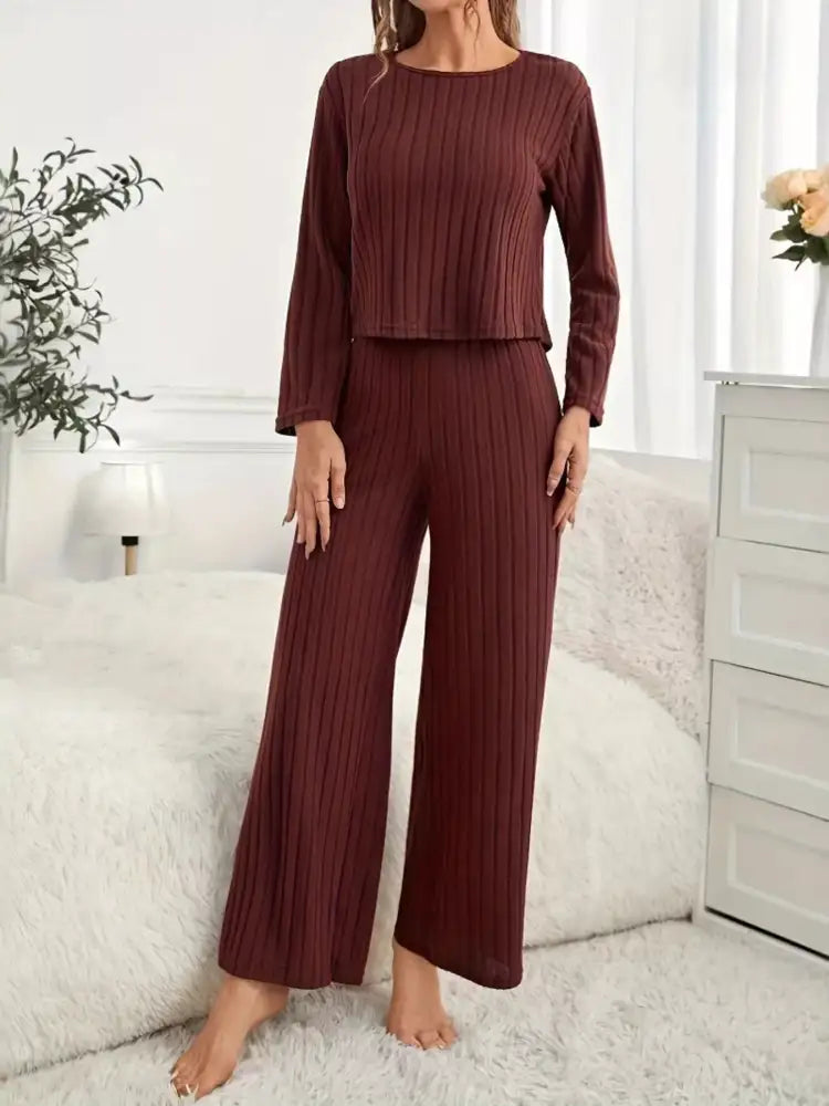 Ribbed Round Neck Long Sleeve Top and Pants Lounge Set