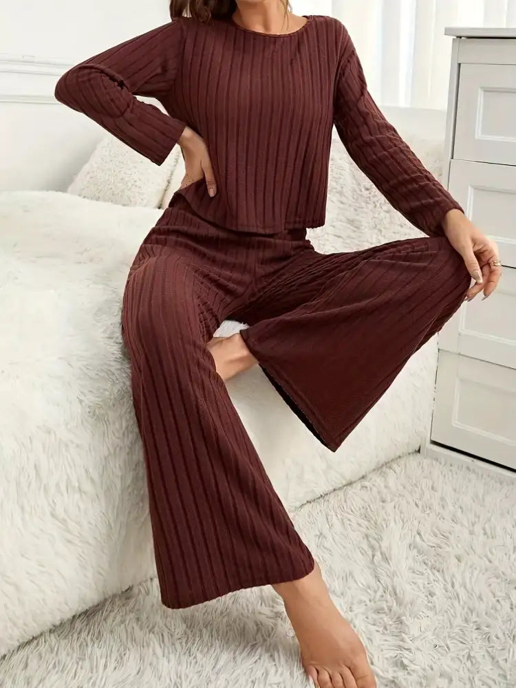 Ribbed Round Neck Long Sleeve Top and Pants Lounge Set
