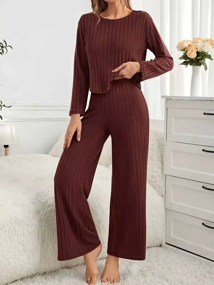 Ribbed Round Neck Long Sleeve Top and Pants Lounge Set