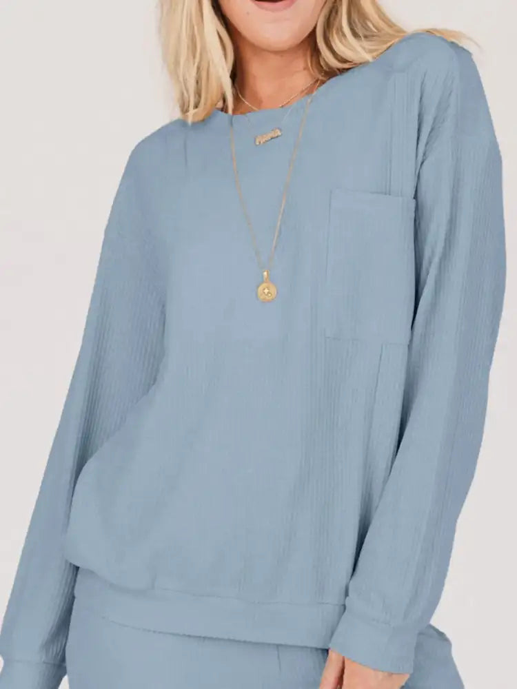 Ribbed Round Neck Sweatshirt and Drawstring Pants Set