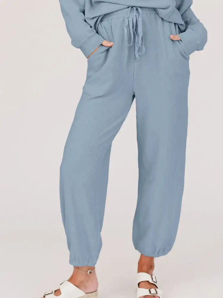 Ribbed Round Neck Sweatshirt and Drawstring Pants Set