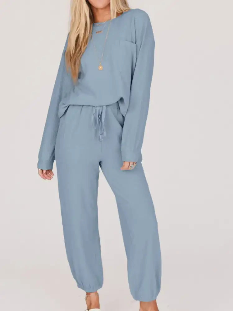 Ribbed Round Neck Sweatshirt and Drawstring Pants Set