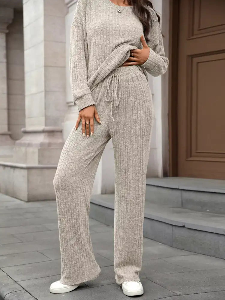 Ribbed Round Neck Top and Pants Set